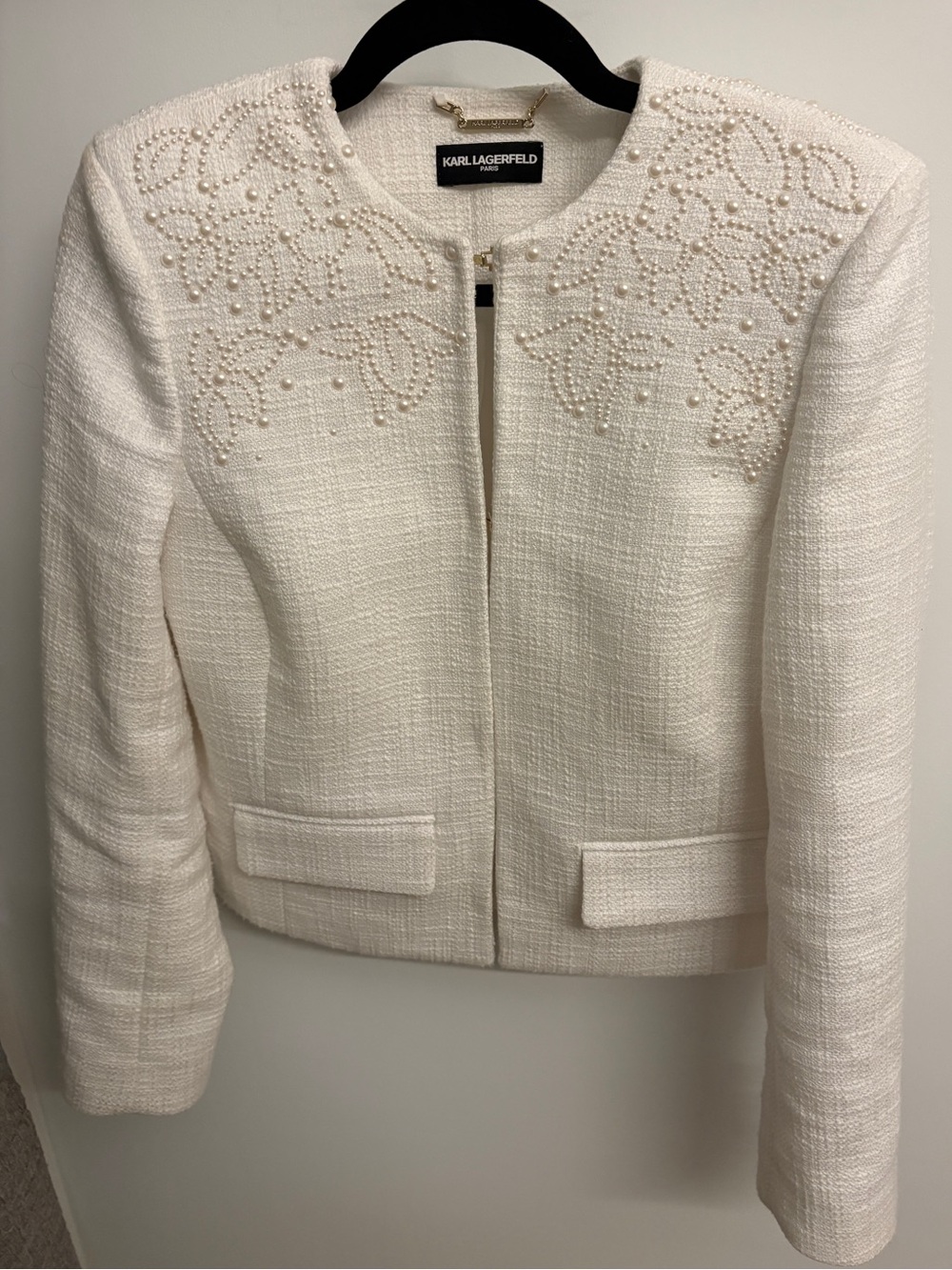 Karl Lagerfeld Cream Pearl-Embellished Tweed Cropped Jacket